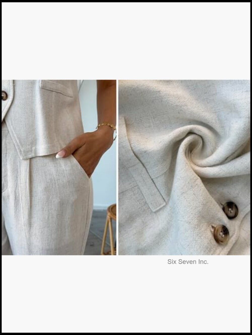 Women's 2 Piece Cotton Linen Vest & Wide Leg Pants Suit Summer Set - Picture 5 of 6